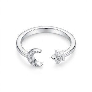5/$15 🩷 MUST BUNDLE Silver Moon & Star Rhinestone Open Ring - Silver Tone